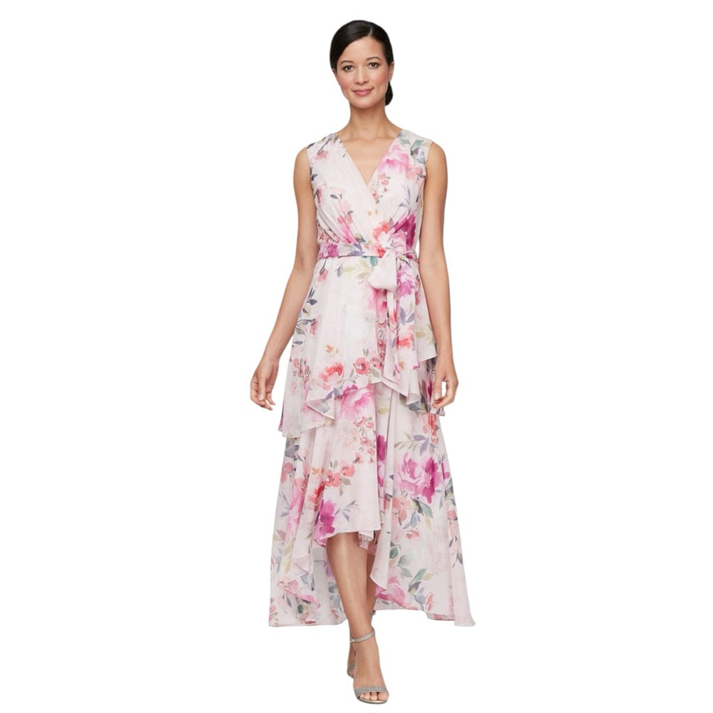 SLNY Sleeveless Tiered Skirt Chiffon Pink Floral Shimmer Dress Size 18